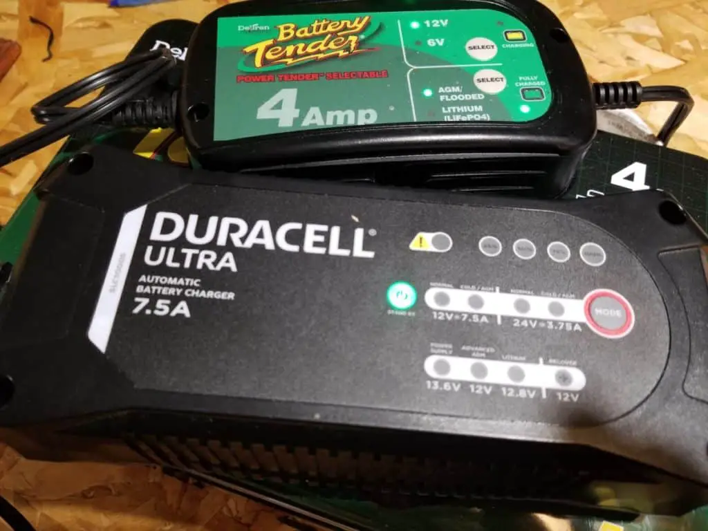 Some of my battery tenders (float chargers).  The top one is Deltran and the bottom is Duracell.