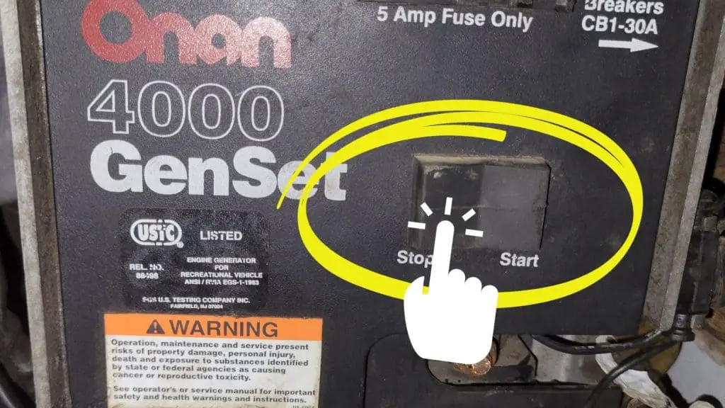 Image showing how to properly prime an RV generator by holding down the "stop" switch for 5-10 seconds.