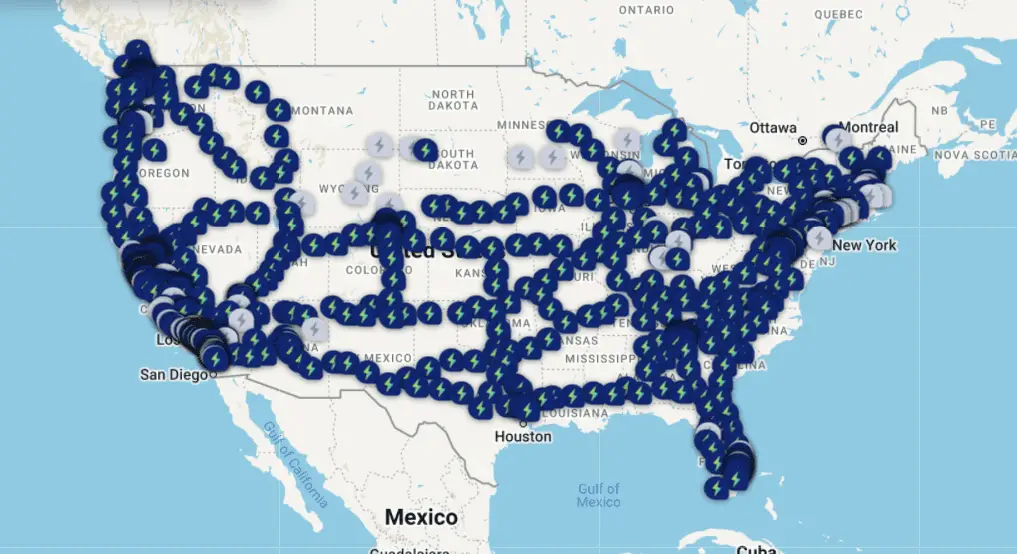 Map showing Electrify America's EV charging stations at Walmarts (and others locations) in the United States.
