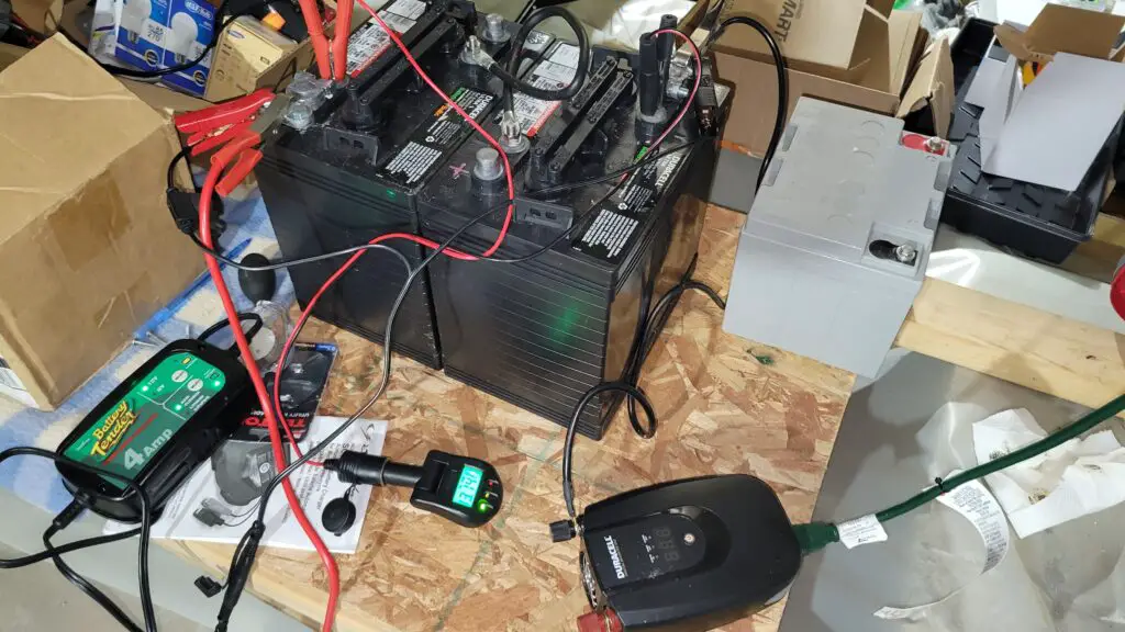 Image of a homemade battery bank for supplemental power during a power outage.