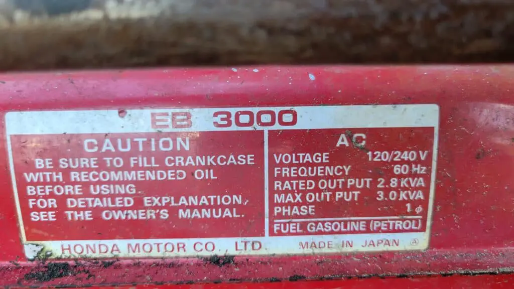 image showing how to find a generator's running and peak watt output.