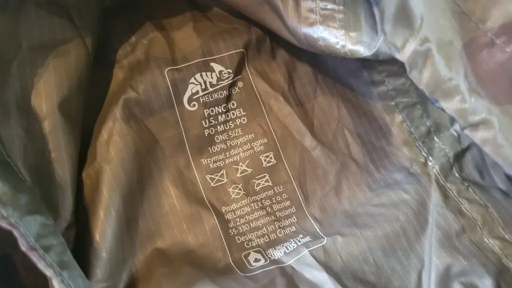 Image showing the tag on the inside of the Helikon Tex poncho.
