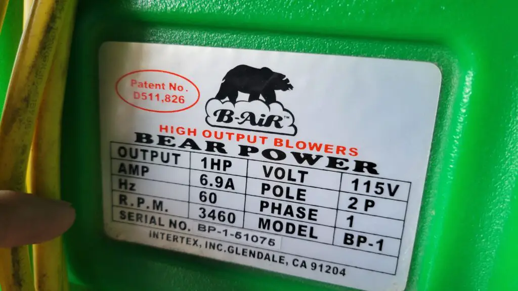 image of the input requirements of a 1HP bounce house blower motor