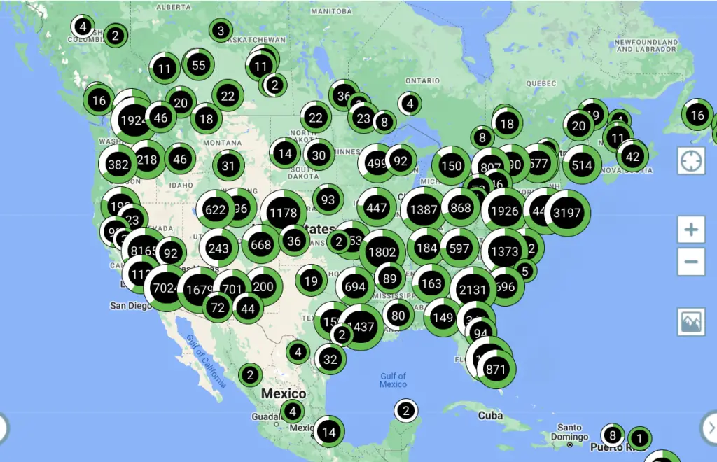 Map of North America showing Chargepoint charging locations (including Target stores)