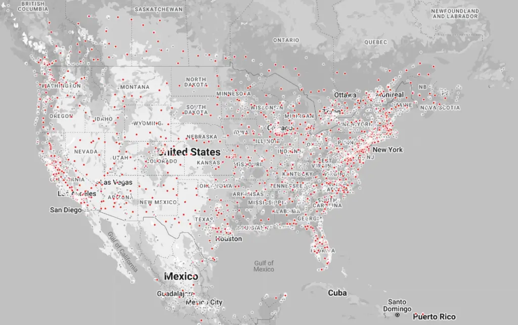 Map of North America showing Tesla Superchargers and Destination Charging locations (including Target stores)