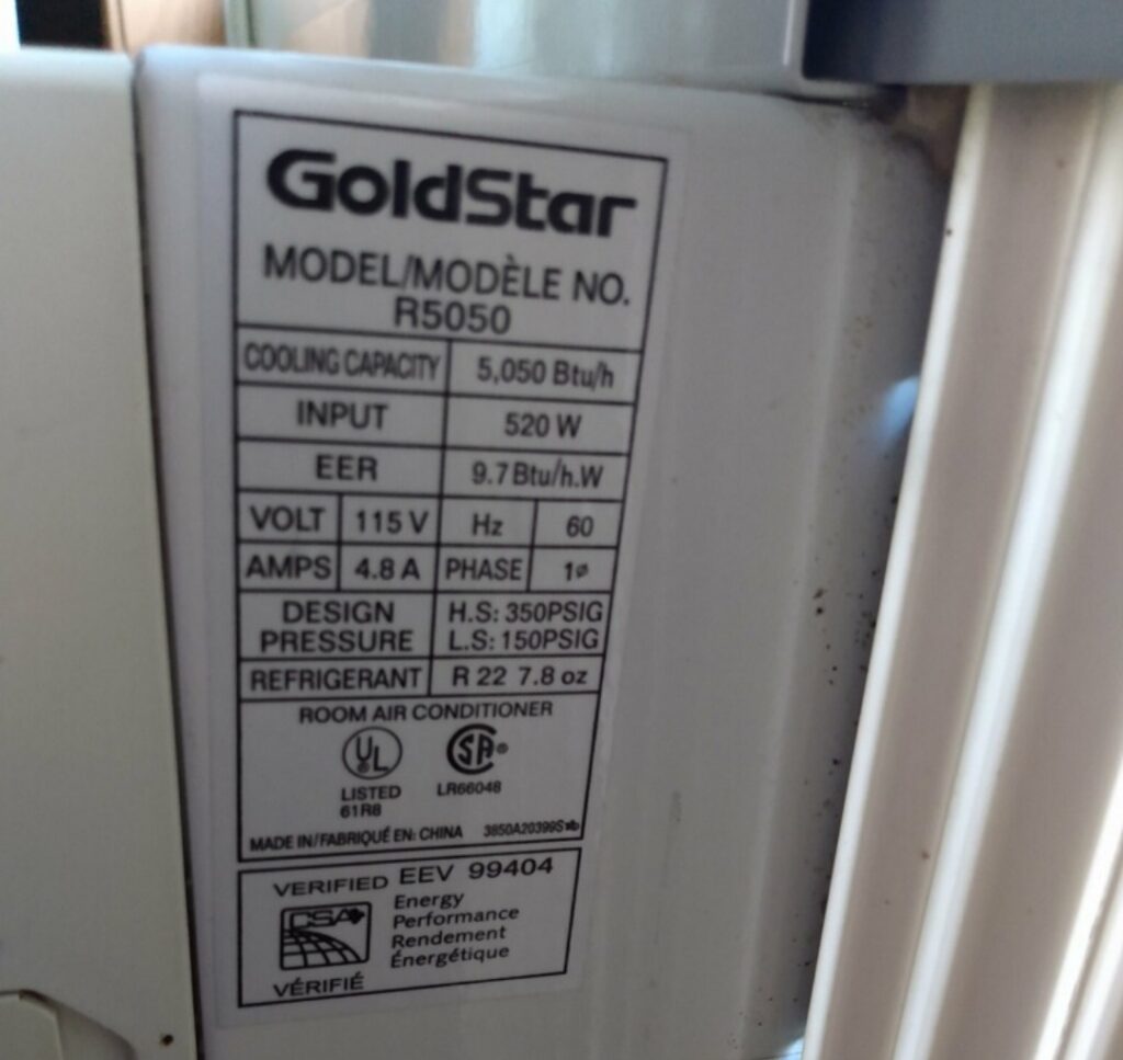 Image showing the energy requirements sticker from the side of a window air conditioning unit