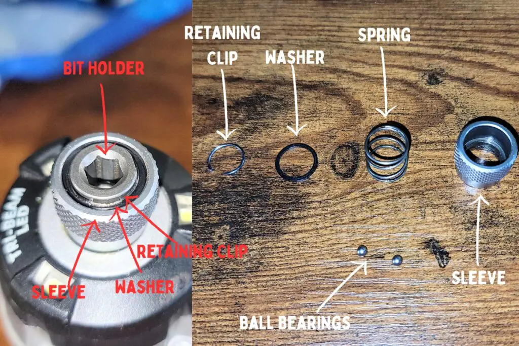 Image of diagram of a Ryobi impact driver.  All parts are labeled so that the reader can reference this image when fixing a bit that won't stay in place.